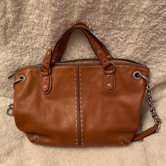 Michael Kors Uptown Astor Studded Leather Satchel/Tote 2 handles 1 Strap Camel - Picture 4 of 10